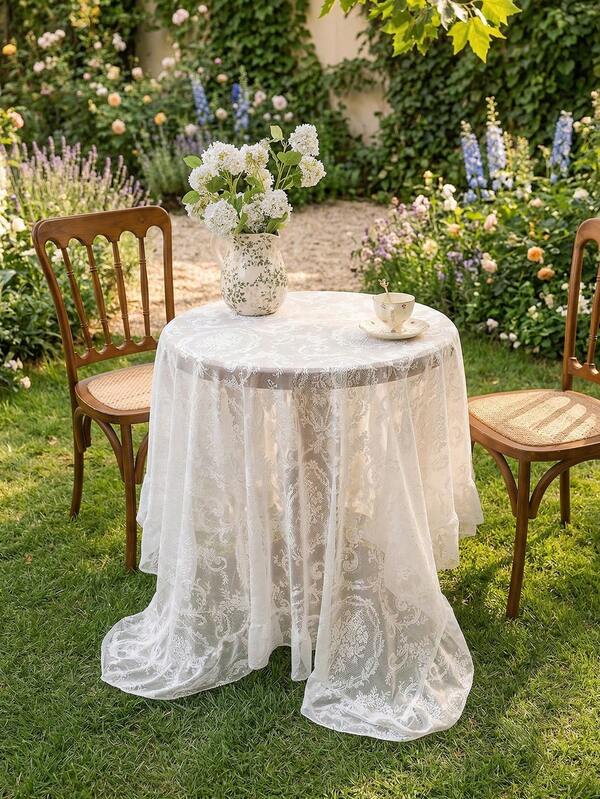 1pc Elegant Palace Style Lace Trim Tablecloth, Decorative Table Cover
